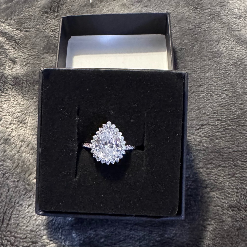 Pear-Shaped Clear Halo Ring in Silver Tone - Women Jewelry